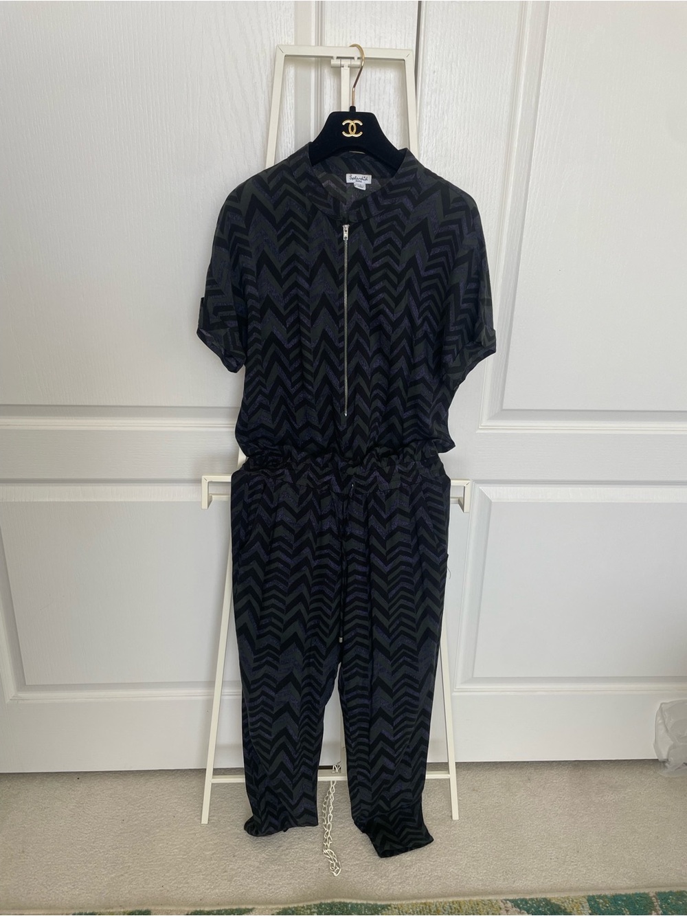 Splendid Black Chevron-Print Short Sleeve Jumpsuit